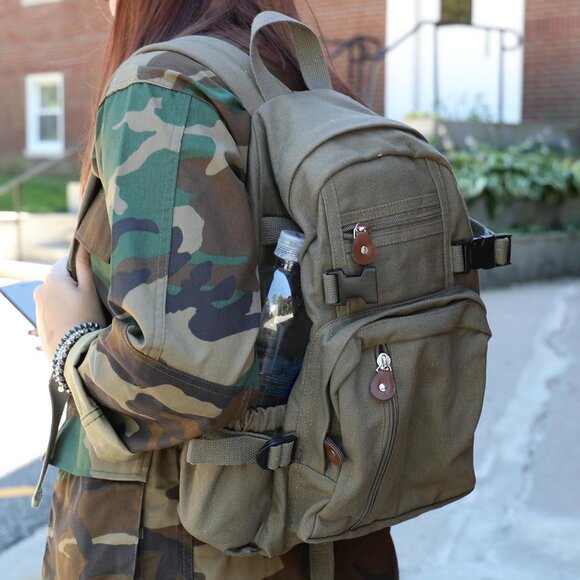 🆕 Women Khaki Vintage Star Stone-Washed Canvas Padded Adjustable Strap Backpack - Picture 2 of 6